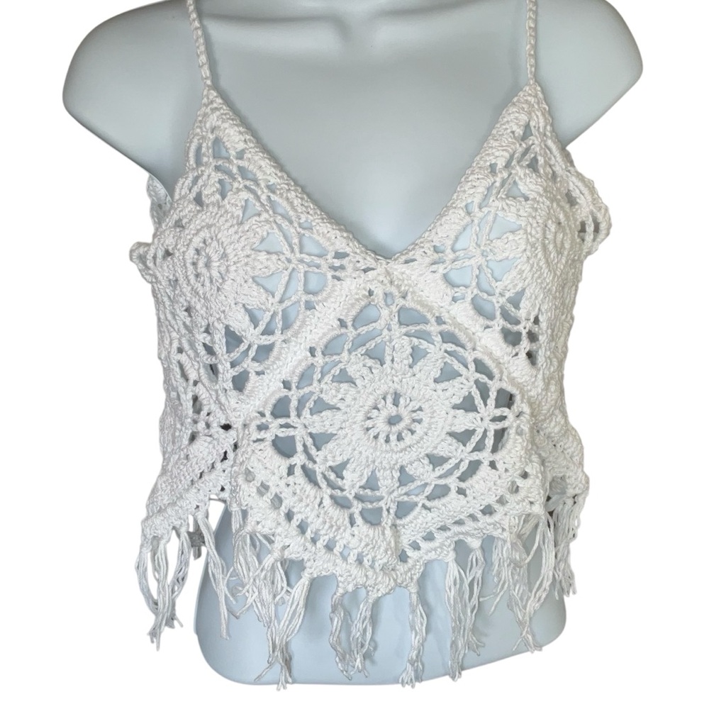 Handmade Crochet Halter crop top Small White Bohemian Cover up with fringe - Picture 2 of 7